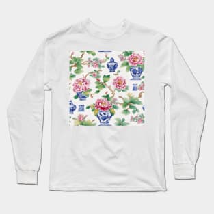 Peonies and chinoiserie jars pattern Long Sleeve T-Shirt